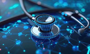 Symbol of innovation in healthcare: a stethoscope connected to a digital network, reflecting demographic shifts and the growing need for health and education solutions