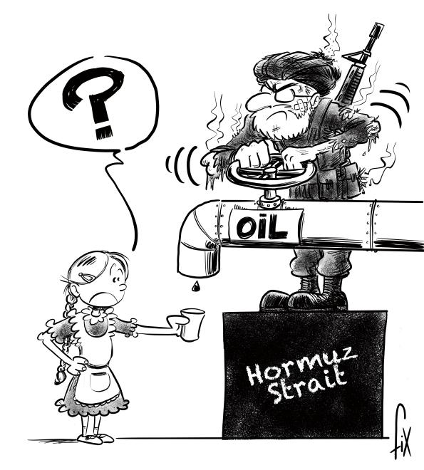 Black-and-white drawing showing an oil tap labeled “Oil” above the “Strait of Hormuz,” controlled by an armed individual, while a child holds out an empty container.