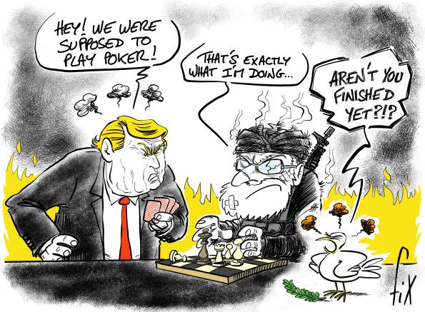 Political cartoon of two caricatured figures at a table amid flames, combining playing cards and a chessboard, with a dove holding an olive branch lying on the ground nearby.