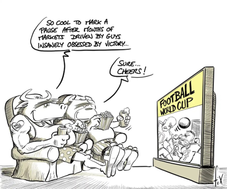 Black and white satirical drawing accented with yellow showing two caricatured characters watching the World Cup on television.