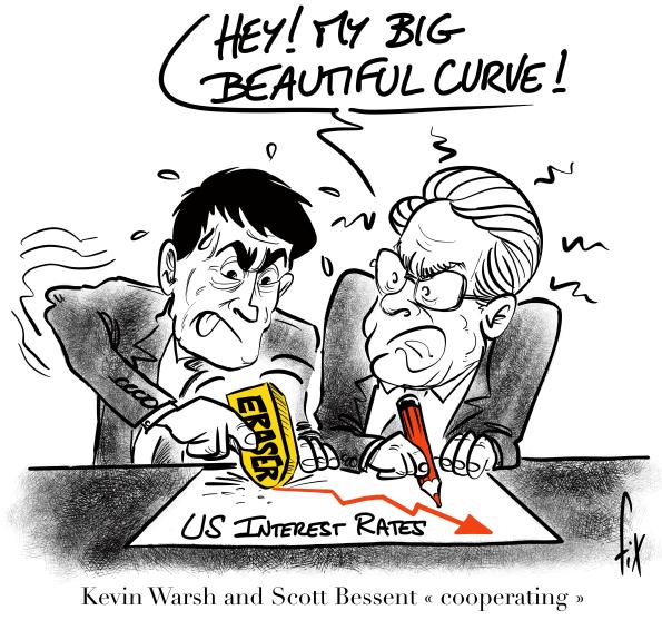 Cartoon depicting two economic policymakers drawing a decline in U.S. interest rates on a chart, one using an eraser and the other a pencil.