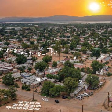 African cityscape with drawings indicating the creation of renewable energy access infrastructure.