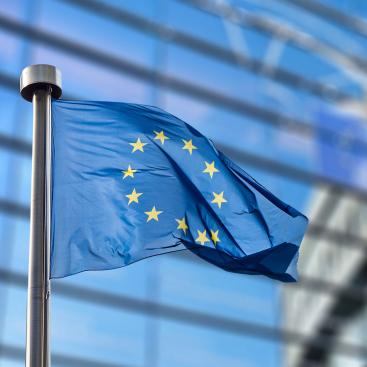 Flag of European Union near building outdoors