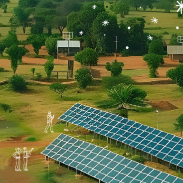 Rural landscape featuring solar panels, electricity transmission lines, and community infrastructure illustrating access to clean energy.