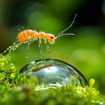 bright orange globular springtail perched on a water droplet surrounded by vibrant green moss in a natural environment