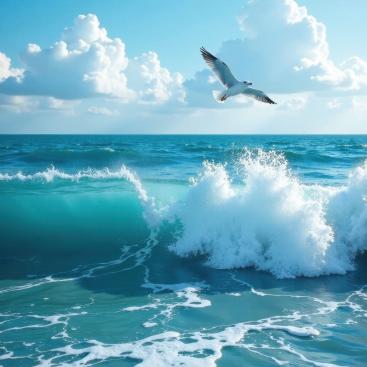 image of seagulls flying over the ocean 