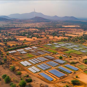 Aerial view of a rural landscape with solar panels and a wind turbine, showcasing sustainable energy in a developing region. Houses and farms dot the dry, arid landscape.