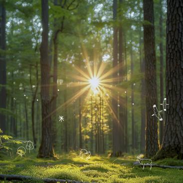 Lush forest with light filtering through the trees and white illustrations of wildlife and natural elements. Fournissez vos commentaires sur BizChat