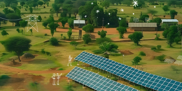 Rural landscape featuring solar panels, electricity transmission lines, and community infrastructure illustrating access to clean energy.