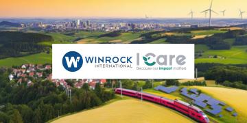 logos of Winrock International and I Care by Bearing point over landscape