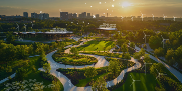 Urban park at sunset with winding paths and trees, overlaid with icons of wind turbines and solar panels to represent renewable energy and sustainable infrastructure.